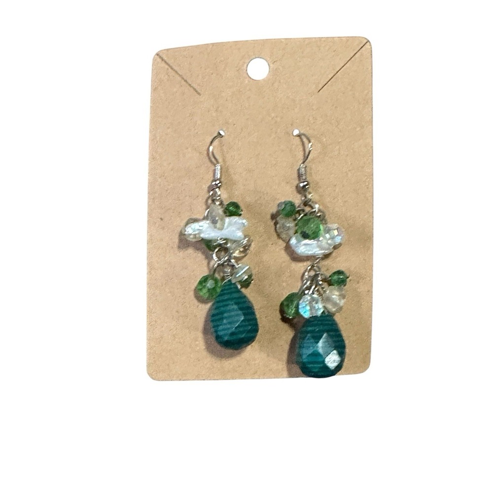 Handmade Green Teardrop Cluster Drop Earrings Silver Tone Boho Shell Accents